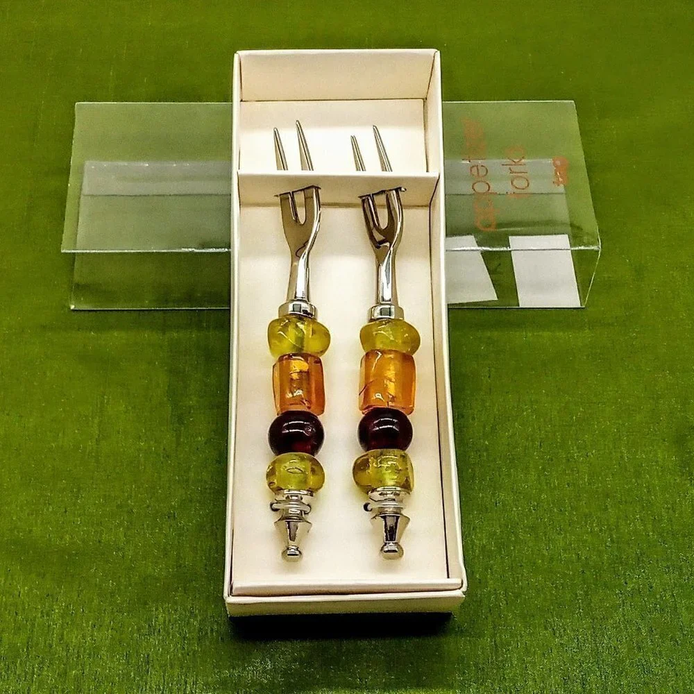 TAG Glass Bead Silver 2-Pc. Appetizer Fork Set NIB